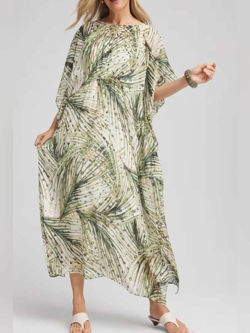 Chico's Cinch Waist Kaftan Ecru and Green Palm-Print Maxi Dress